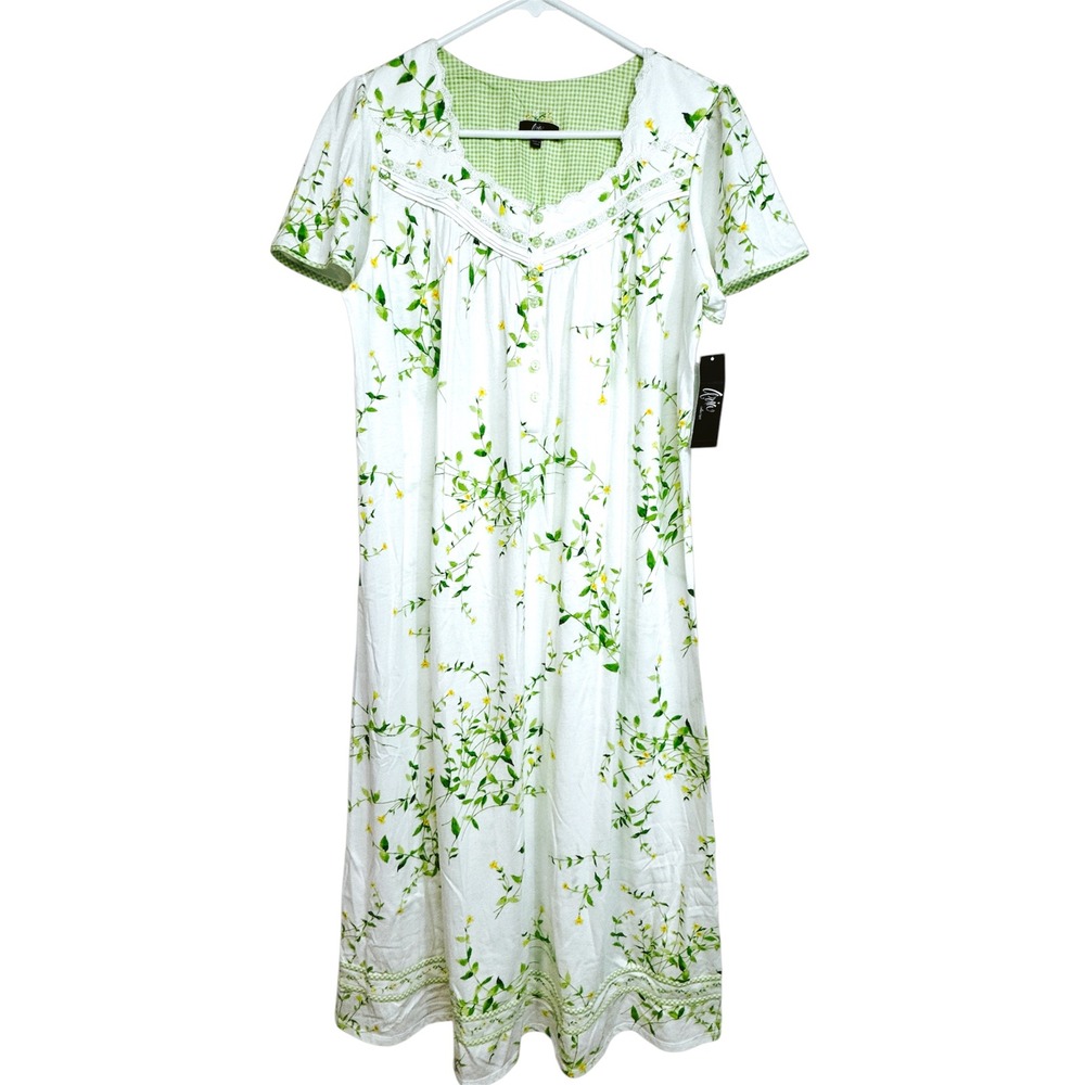 NWT Aria Collection Floral Gingham Nightgown Soft White Green Lace Trim Size S